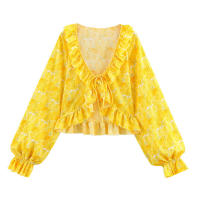 OUWU- 2025, Novedad De Verano, Producto, Ropa De Mujer, Moda Francesa, Decoración Apilada, Cuello En V, Manga Trompeta, Camisa, Top - details 8