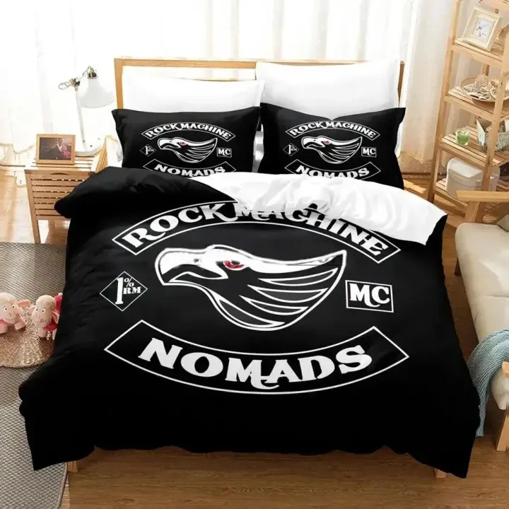 Juego de Ropa de Cama de Moto Club Rock Machine Funda de Edredón, Funda de Almohada, Agarre de Cama para Hombres y Mujeres Tamaño Rey y Reina - 1