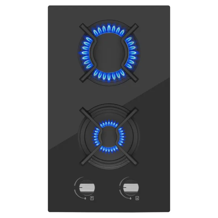 Campana de Gas Incorporada WEHIMO 30 cm, 3700 W, 2 Zonas de Cocina, Domino para Gas Propano y Gas Natural Vidrio Negro, Adecuado para Todas las Ollas - 1
