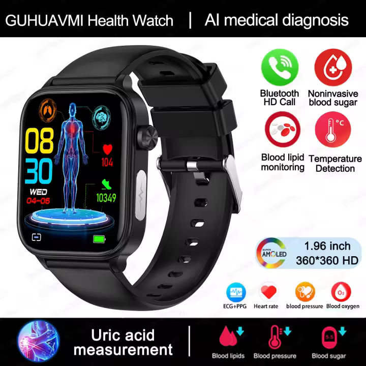 2024 Nuevo ECG + PPG Clase Médica 1,96 inch, 360*360 AMOLED Pantalla complete de HD táctil Smart Watch Azúcar en sangre, lípidos sanguíneos, temperature corporal, Llamada Bluetooth,IP68 a prueba de Agua Reloj Inteligente saludable para Android IOS - 1
