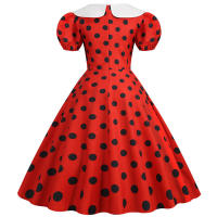 Puff short sleeve polka dot vintage women summer peter pan collar elegant a-line midi party dress - details 3