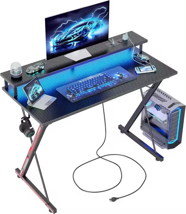 Escritorio Gaming Regleta Enchufes LED - 100x50cm Escritorio Gamer Ergonómico, Gran Soporte Monitor, Mesa Moderna, Marco X, Gancho Auriculare, Estudio Juego Trabajo Dormitorio Oficina Hogar - 1