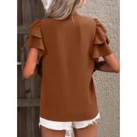 Jersey Elegante De Color Rojo Rosa Para Mujer, Blusa Informal Con Cuello En V Y Mangas Con Volantes De Doble Capa, Top De Color Sólido - details 2