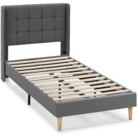 Estructura de cama tapizada con cabecera, base tapizada para colchón, somier de láminas de madera, fácil montaje, color gris claro. - details 7