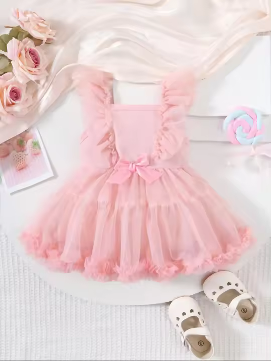Vestido de Verano para Bebé de Un Pie Cómodo y Casual con Lazo en Malla Estilo Sólido para Niñas - 1