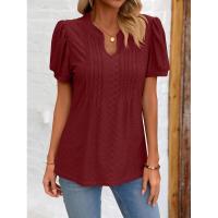 Camiseta holgada de Color sólido de manga corta con cuello en V para mujer a la moda de estilo coreano para verano - details 11