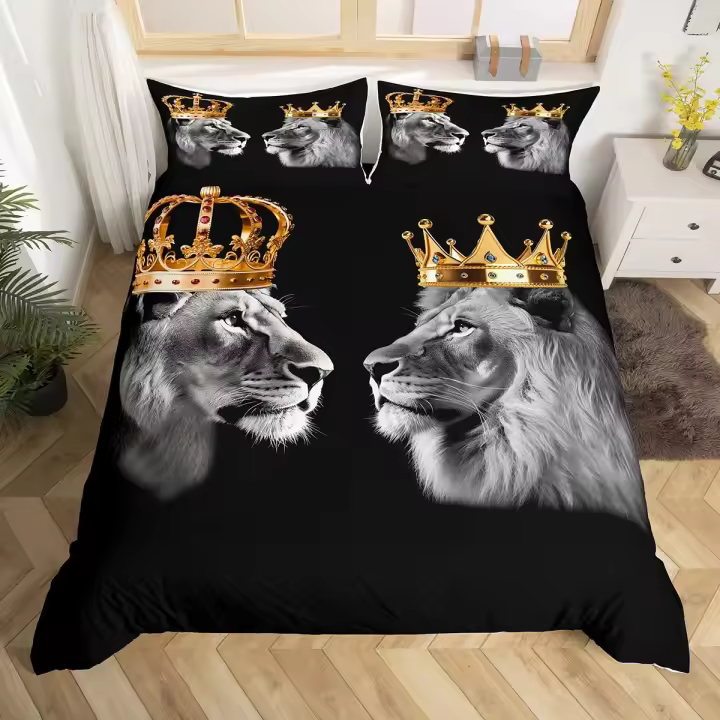 Juego de Cubierta de Edredón de Liones Tamaño para Cama Doble Diseño de Rey y Reina - 1
