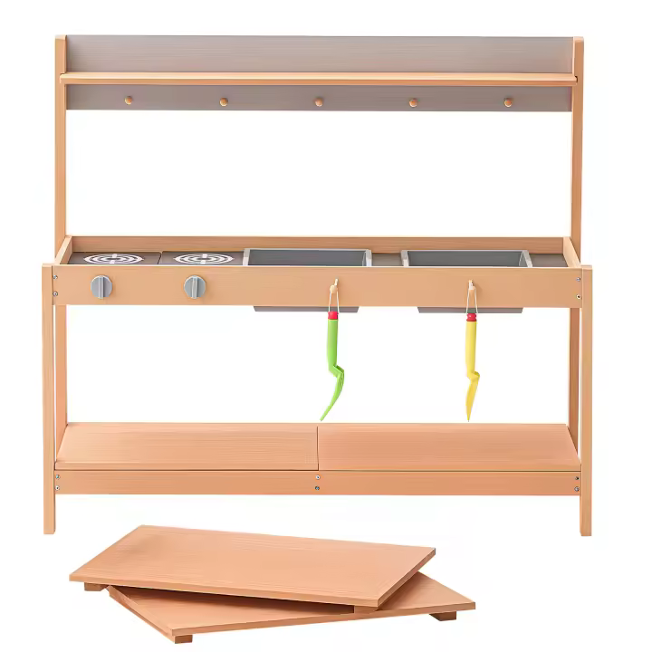 SucceBuy Cocina de barro de madera para niños, juego de cocina de juguete al aire libre con estufas y fregadero, juego de tienda de comestibles para juego de simulación, cocina para niños pequeños - 1