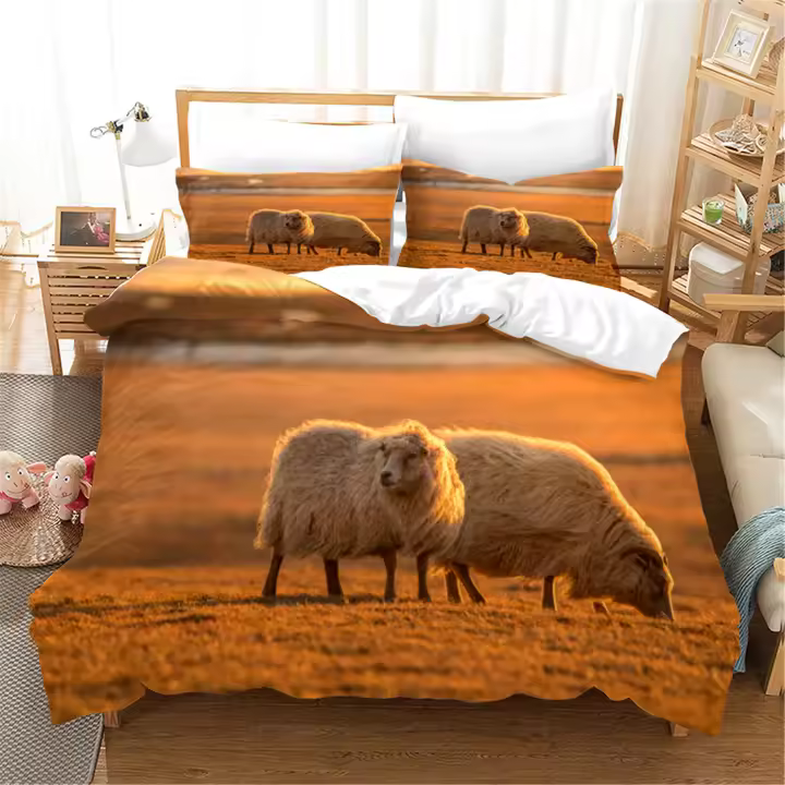 Juego de Ropa de Cama de Oveja 3D Impresa Cubierta de Edredón y Funda de Almohada para Camas de Tamaño Único, Doble, Tríptico, Rey - 1