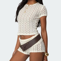 Conjunto de 2 piezas de encaje Floral transparente Y2k para mujer, Tops cortos de manga corta transparentes, camiseta + minipantalones cortos con pliegues - details 6
