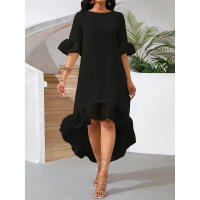 Nuevo Vestido de mujer Color sólido cuello redondo Patchwork malla dobladillo Irregular - details 1