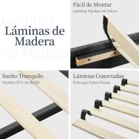 Cama tapizada con cabecera a rayas con alas de láminas de madera y metal, cama matrimonial color beige. - details 42