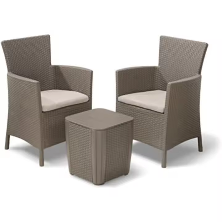 Conjunto de jardín, terraza o balcón Exterior 2 plazas con Cojines incluidos y Mesa de almacenaje Auxiliar, Resina con Acabado ratán Plano, Color Capuchino - 1