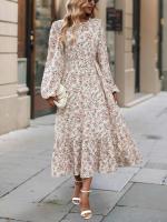 Elegante Vestido Maxi Floral Casual Cuello Redondo con Volantes Manga Larga - details 8