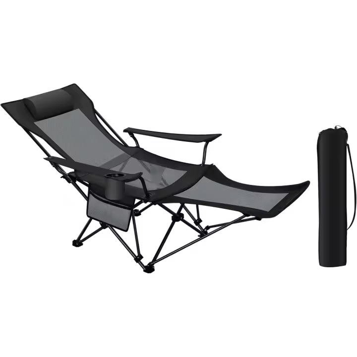 Respaldo Reclinable Ajustable, Reposapies Extraíble y Portavasos, Carga de 150 kg, Silla Portátil para - 1