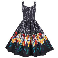 Women vintage spaghetti strap floral print high waist elegant sleeveless a-line party midi dress - details 35