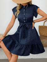 Vestido verano 2025 elegante moda punto volantes manga a-line falda Vestido medio con cordones - details 3