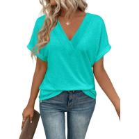 Tops de moda de color sólido con cuello en V, ropa popular coreana, camiseta holgada de manga corta de verano para mujer. - details 12