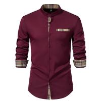 Printemps hommes col montant Henry chemise décontracté Bloque de couleur a cuadros à manches longues chemises hommes d 'affaires bureau Blusa trabajo diario - details 4