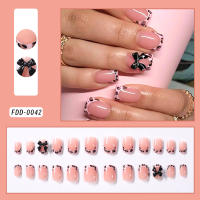 24Pcs Uñas Postizas Francesas Con Leopardo Y Lazo Negro 3D Uñas Postizas Cortas Cuadradas Para Mujer Cubierta Total De Fingertips Material ABS Para El Office - details 2