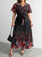 Vestido Largo De Verano Para Mujer plus Size Estilo Casual Con Estampado Floral Negro Y Manga Corta Vuelta En El Cuello A-Line - details 4