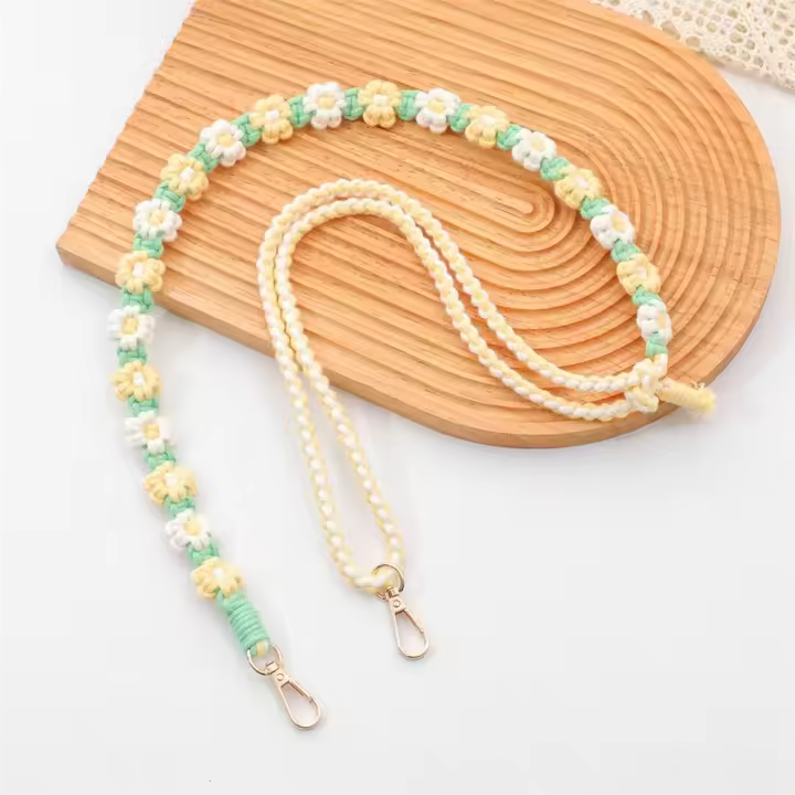 Cordón cruzado de algodón para teléfono móvil, tejido a mano, flor de Margarita, cadena de flores de Margarita tejida a mano, ajustable, antipérdida - 1