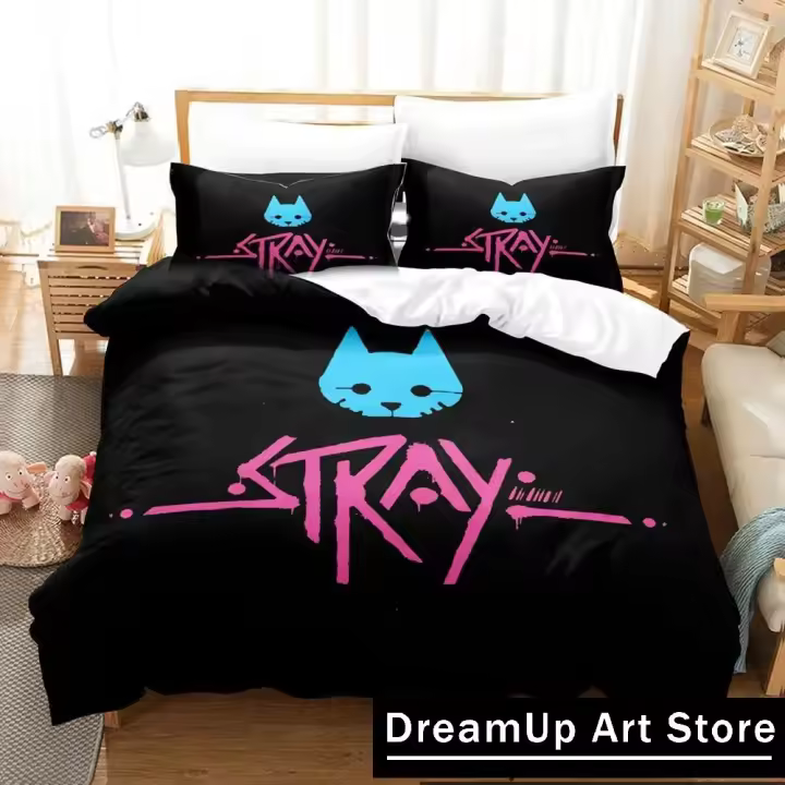 Conjunto de Ropa de Cama 3D de Juego de Gato Stray Tamaño Rey-Reina Funda de Almohada - 1