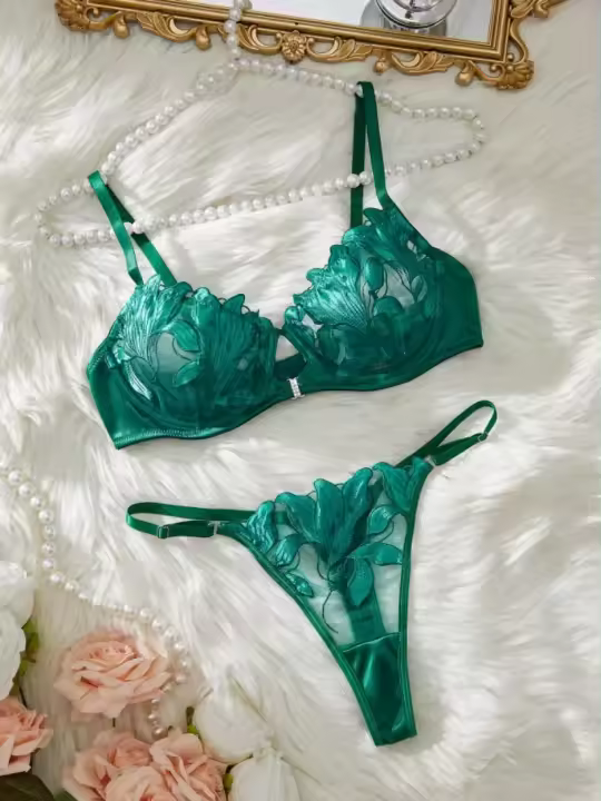Conjunto de lencería sexy para mujer, bralette transparente con aros, sujetador de 2 piezas con bordado floral, sujetador de realce, conjunto de bragas y bragas, ropa interior - 1