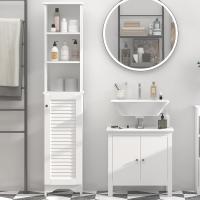 Armario Alto de Baño con 1 Puerta 3 Estantes Abiertos y Balda Interior Ajustable Mueble Auxiliar de Almacenaje para Salón Aseo Dormitorio 34x20x165 cm Blanco - details 1