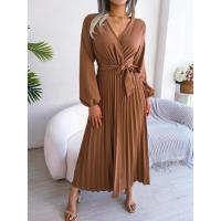 Vestido largo plisado con dobladillo grande para mujer, vestido cruzado de Color liso con cuello en V, moda de primavera y verano - details 2