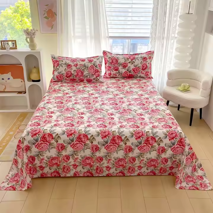 Sábanas de Cama Planas con Estampado de Flor Roja Tamaño de Cama Doble - 1