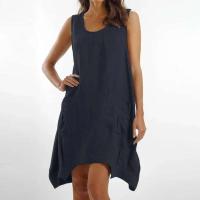 2024 Primavera Verano Vintage Color sólido algodón y en Vestidos para mujeres moda Casual vestido suelto sin mangas Vestidos de mujer - details 4