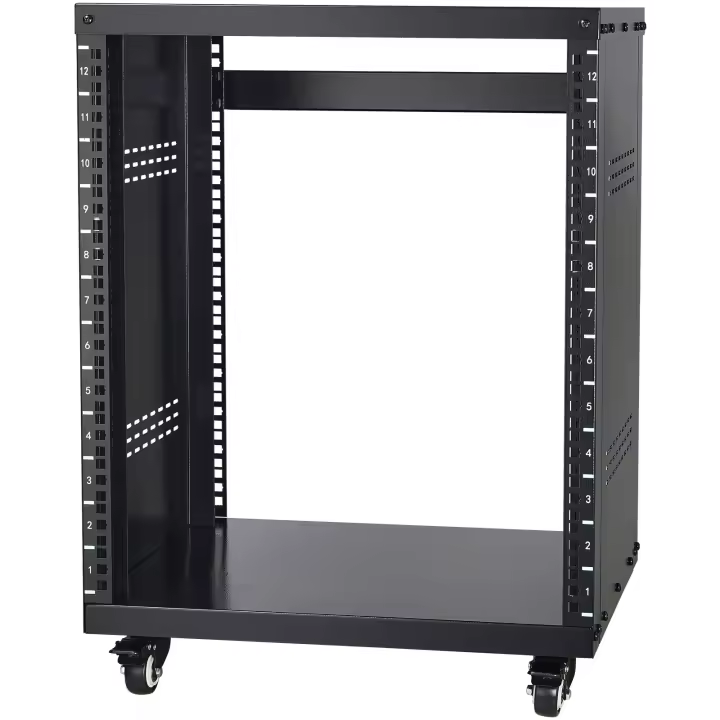 SucceBuy Soporte para rack AV 12U, capacidad de 500 libras, estante para estudio de grabación estéreo en red con ruedas bloqueables con orificios redondos y cuadrados - 1