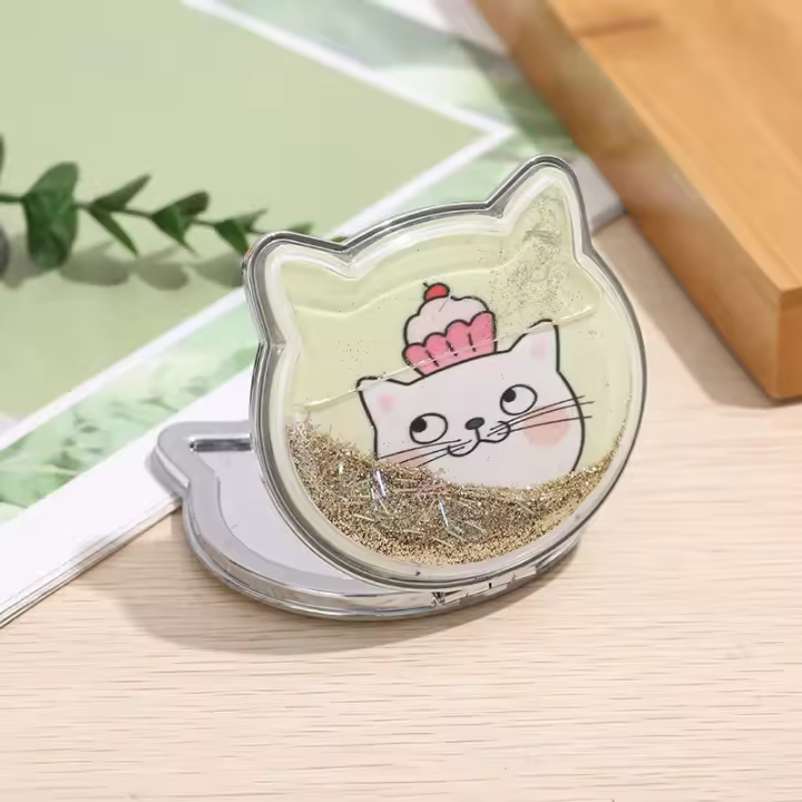 Espejo de maquillaje de doble cara de gato, espejo de mano portátil con lentejuelas de dibujos animados, regalo para niña, espejo de maquillaje de doble cara de bolsillo - 1
