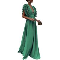 Vestido largo de color sólido para mujer con diseño de mangas voladas, cuello en V y escote trasero descubierto, ideal para eventos de cena. - details 4