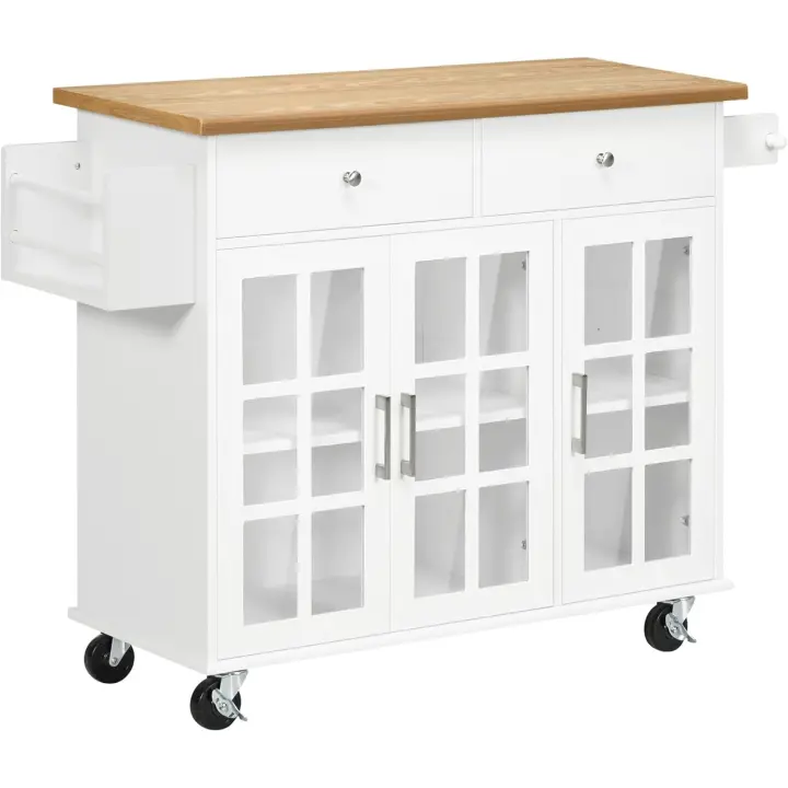 Carro de Cocina Isla de Cocina con Ruedas Multifuncional con 2 Cajones 3 Puertas de Vidrio Templado Toallero y Especiero 124,5x39,5x90 cm Blanco - 1
