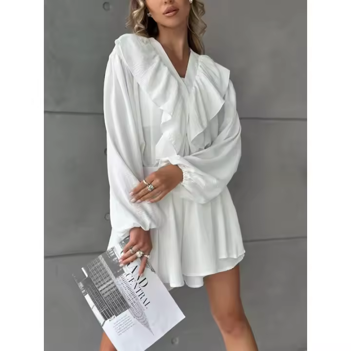 Nuevo conjunto casual para mujer con camisa de manga larga con volantes y botones y pantalones cortos de doble capa - 1