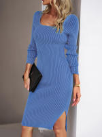 Vestido de punto acanalado para mujer, suéter ajustado con aberturas, elegante, de manga larga, otoño e invierno, 2023 - details 13