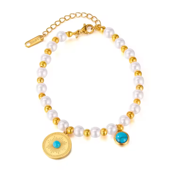 Pulsera estilo francés vintage para mujer: dije geométrico de perlas y turquesas, joyería retro de acero inoxidable de titanio - 1