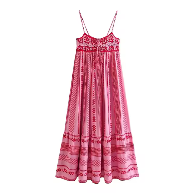 Vestido largo de punto bordado sin mangas para mujer, con tirantes finos, plisados, cuello cuadrado, corte A, playa, verano - 1