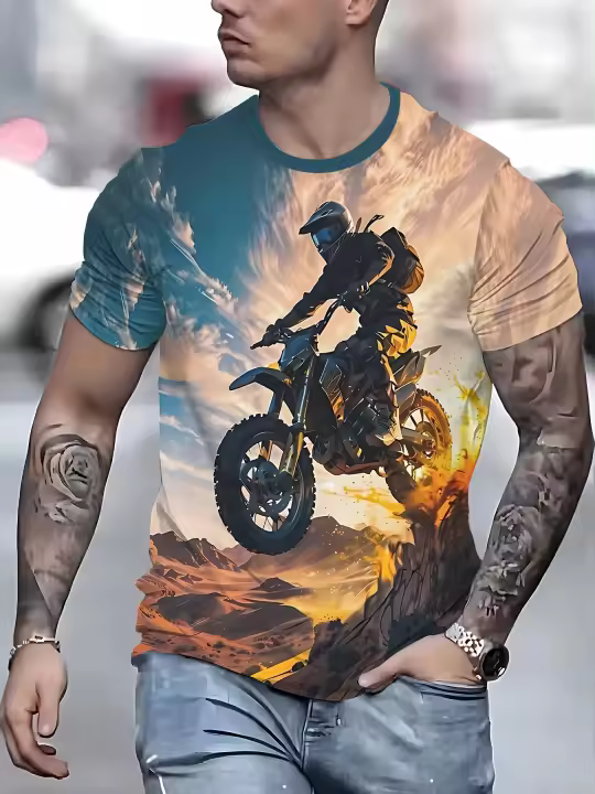 Camiseta vintage con estampado de motocicleta en 3D para hombre: manga corta, cuello redondo, poliéster, ropa informal de verano, lavable a máquina - 1