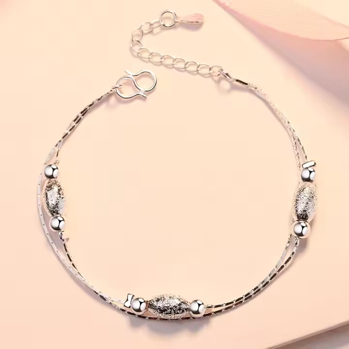 Gran oferta, pulsera de cuentas ligeras de doble capa chapada en plata, tobillera con cuentas de oliva esmerilada, joyería de moda - 1
