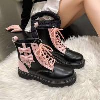 Tobillo con lazo rosa para mujer en otoño, botas cortas de suela gruesa de cuero PU - details 1
