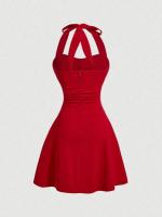 Vestido Halter con lazo rojo para mujer, novedad de otoño, Spice Girl, plisado, moda, cintura, Falda corta fina, tendencia - details 2