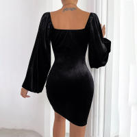 Mujer con anillo hueco cintura delgada temperamento, manga de burbuja, vestido de terciopelo - details 2
