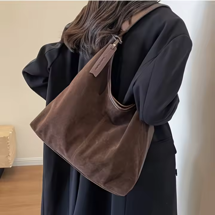 Bolso de Hombro Grande Capacidad Correa de Cuero Sintético, Marrón Café, Cierre de Cremallera, Lavable a Mano - 1