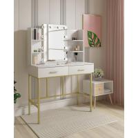 Tocador de Maquillaje con Espejo y Luz, 10 Bombillas LED, Tocador con 2 Cajones y 4 Estantes, para Vestidor y Dormitorio, 90x45x136cm, Madera y Metal, Blanco+Dorado, MB6077ws - details 7