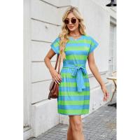 BUNO-2025 Vestidos de camiseta a rayas a la moda para mujer, vestido informal holgado de manga corta con cuello redondo para primavera y verano, vestido de playa para vacaciones con cordones - details 10