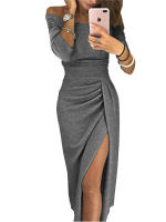 BUNO-Vestido de moda informal para mujer, vestido largo de fiesta de noche ajustado de manga larga con hombros descubiertos para mujer Vestidos de tubo divididos asimétricos - details 16