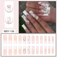 Uñas Postizas Brillantes Con Patrones Franceses Y Mariposas Flores Diamantes Combo De 24 Uñas Largas Coffin Fake Nails - details 3